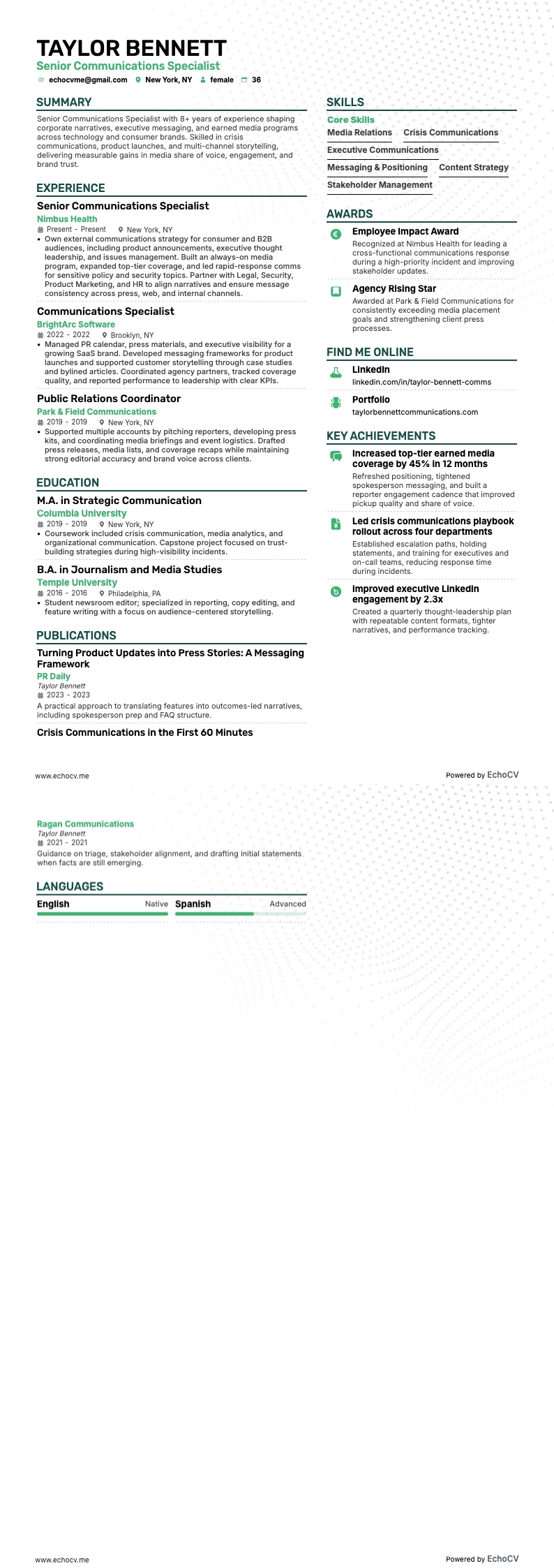 Senior Communications Specialist example resume