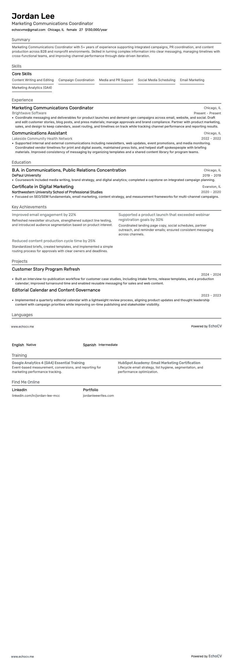 Coordinateur communication marketing example resume
