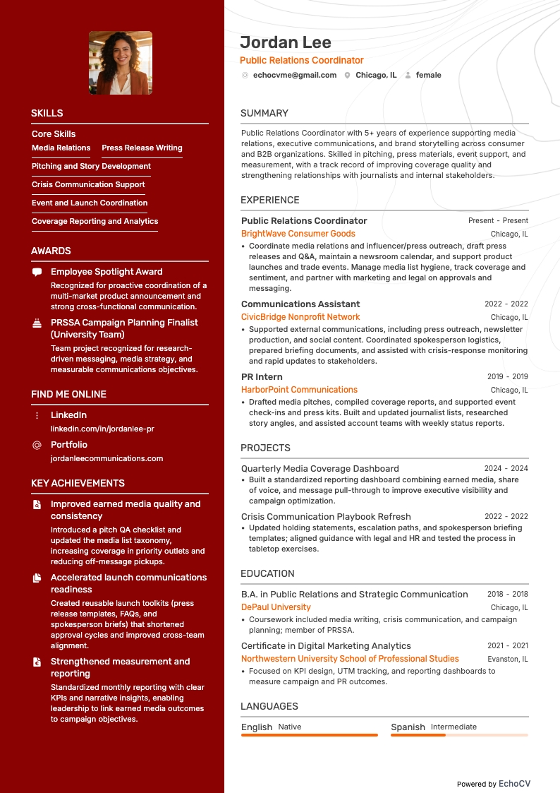 Coordinateur des relations publiques resume example