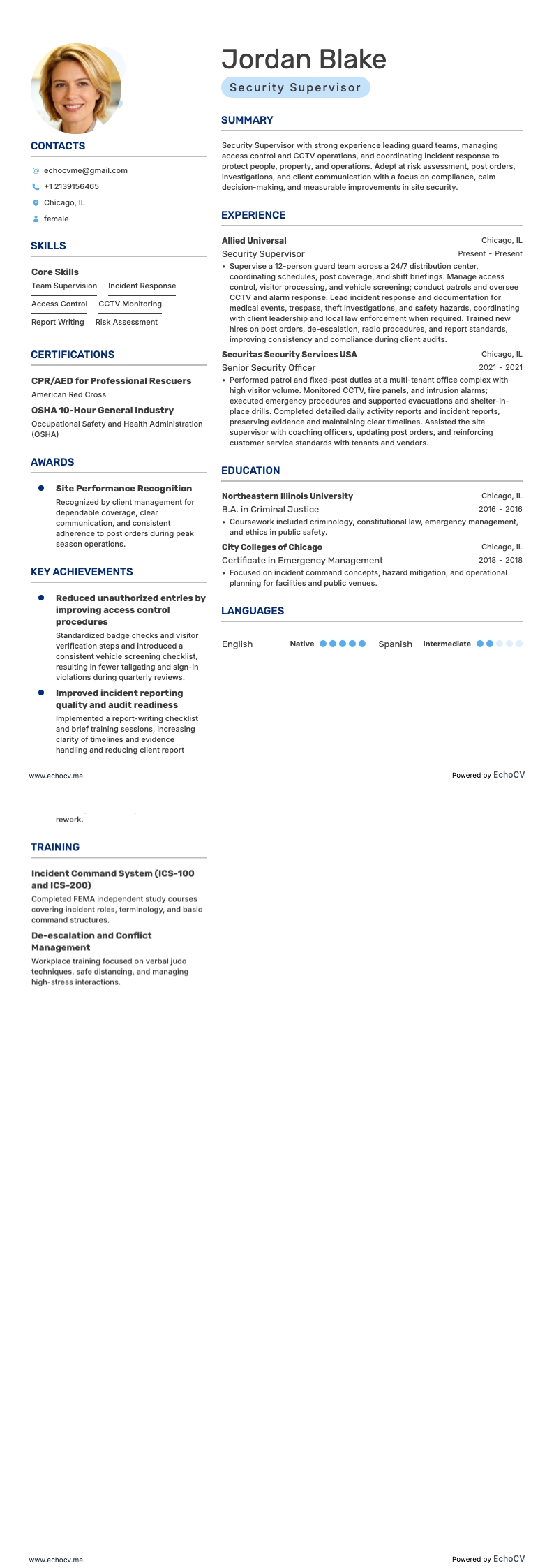 Security Supervisor example resume