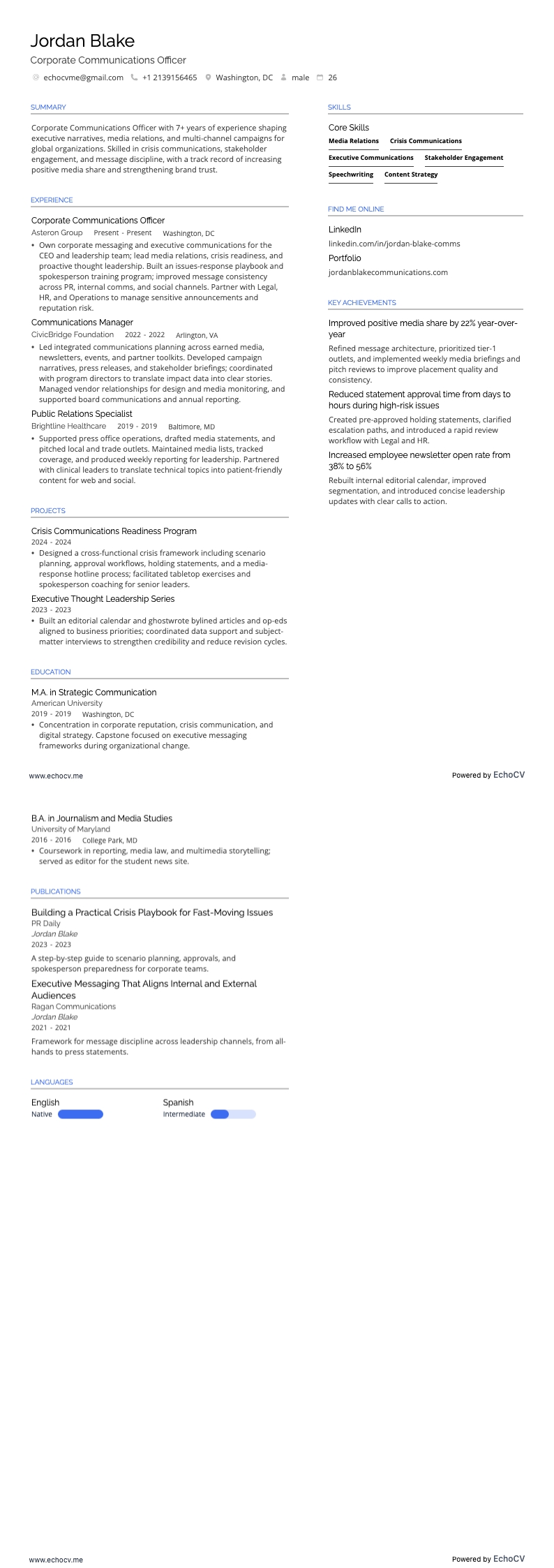 Corporate Communications Officer example resume
