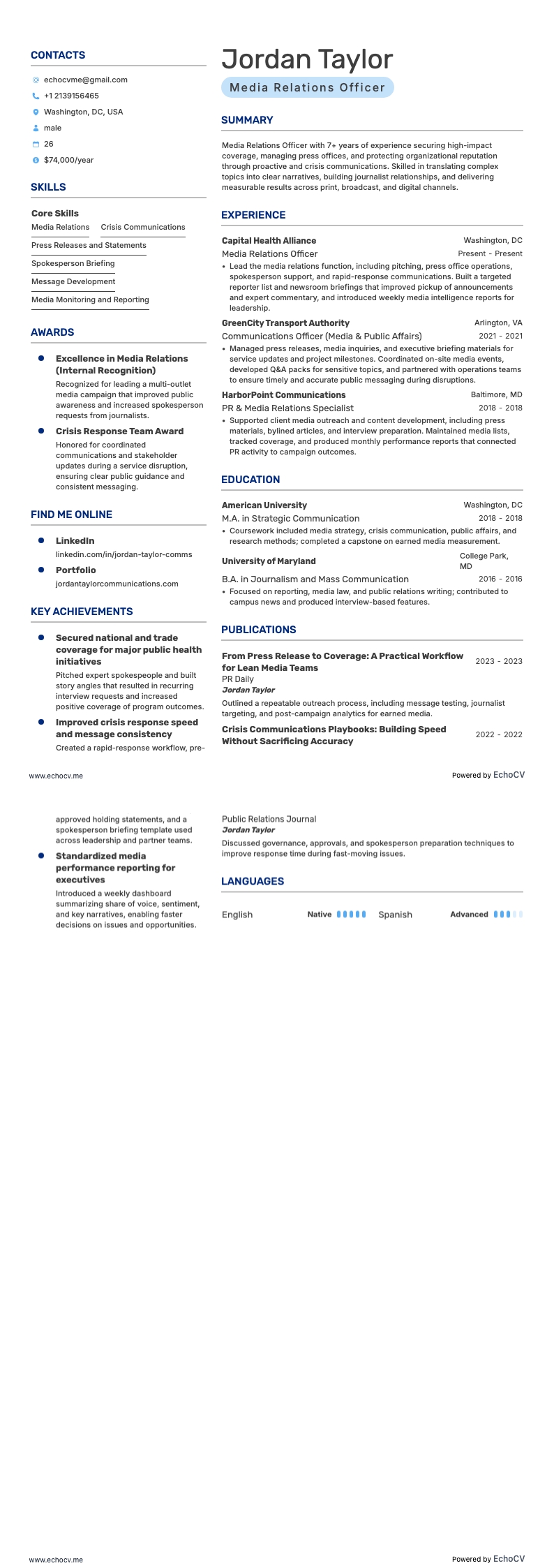 Media Relations Officer example resume