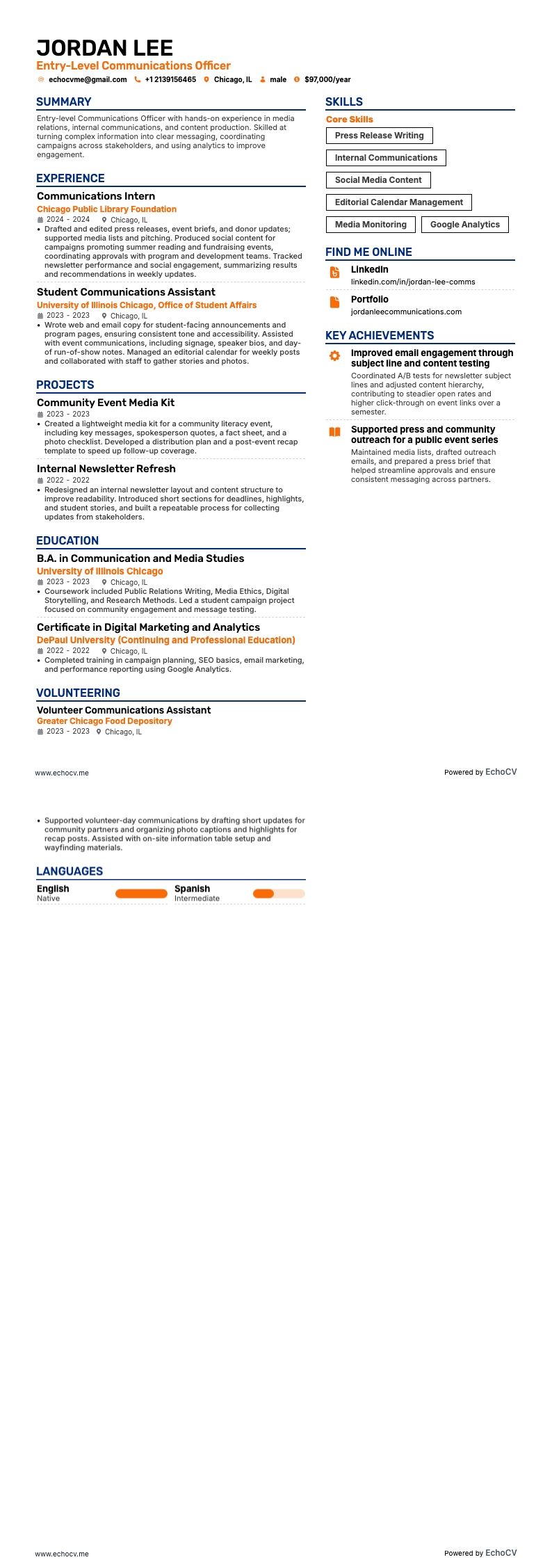 Entry-Level Communications Officer example resume