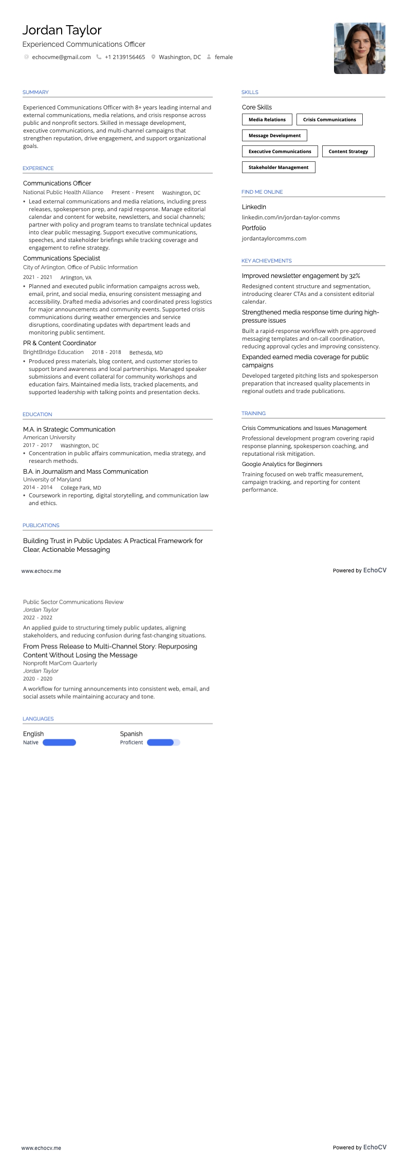 Experienced Communications Officer example resume