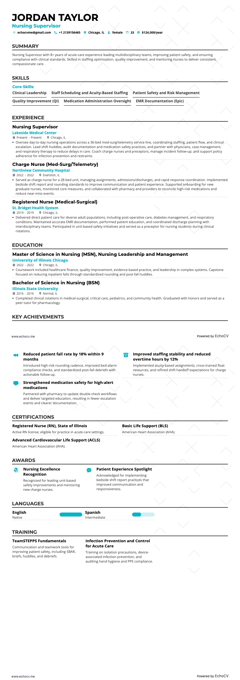 Nursing Supervisor example resume