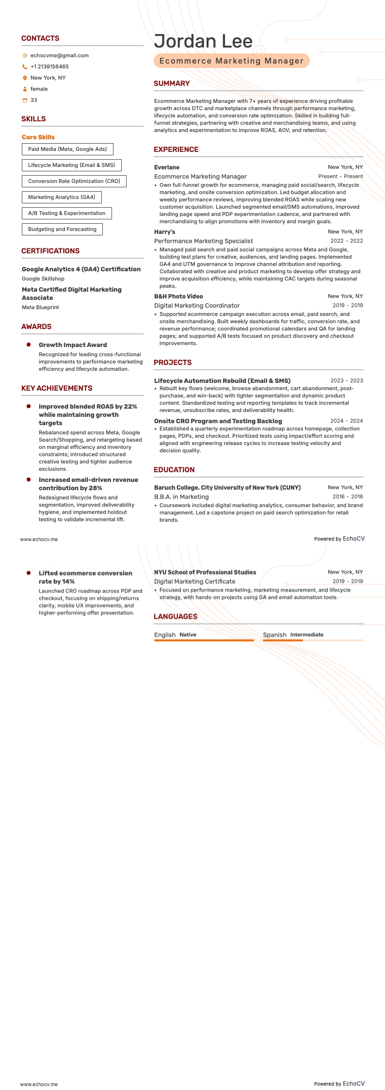 Ecommerce Marketing Manager example resume