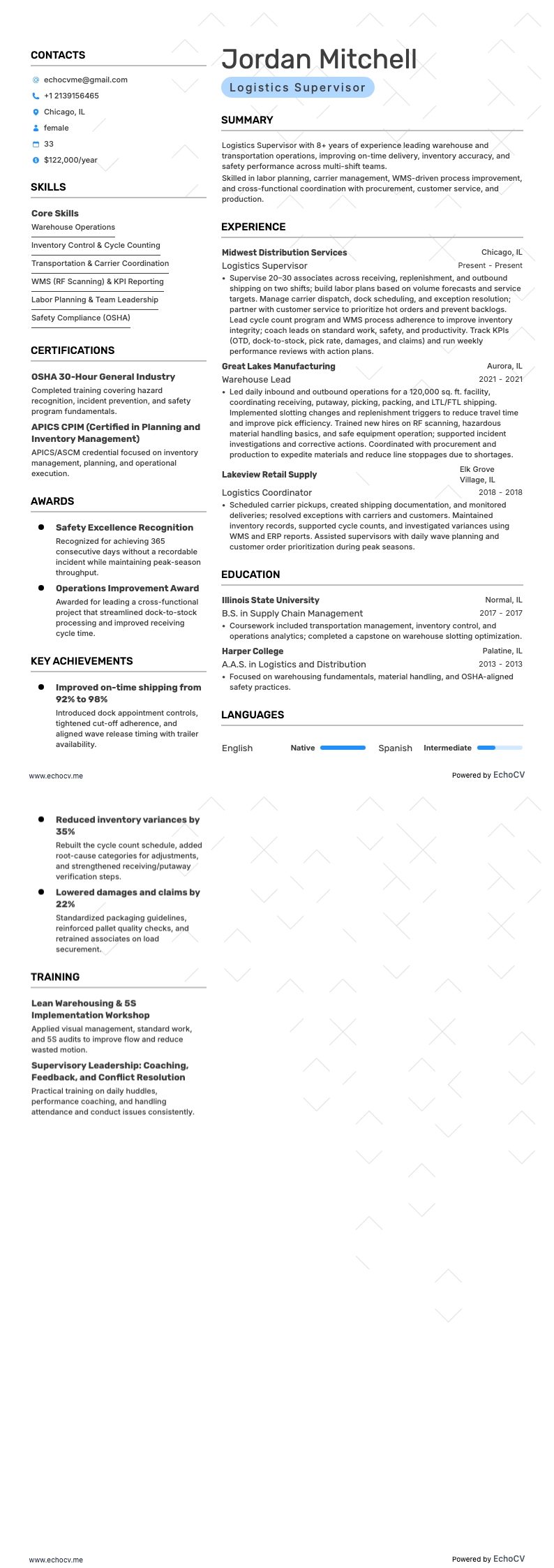 Logistics Supervisor example resume
