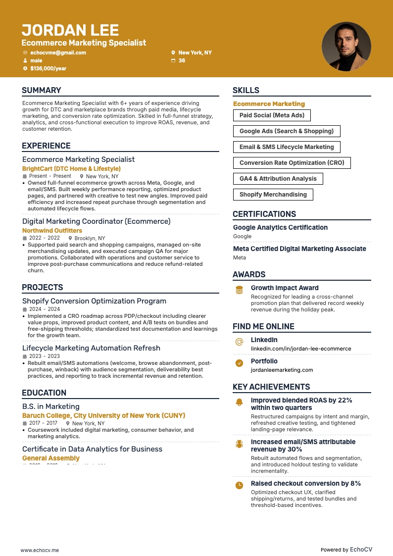 Ecommerce Marketing Specialist example resume