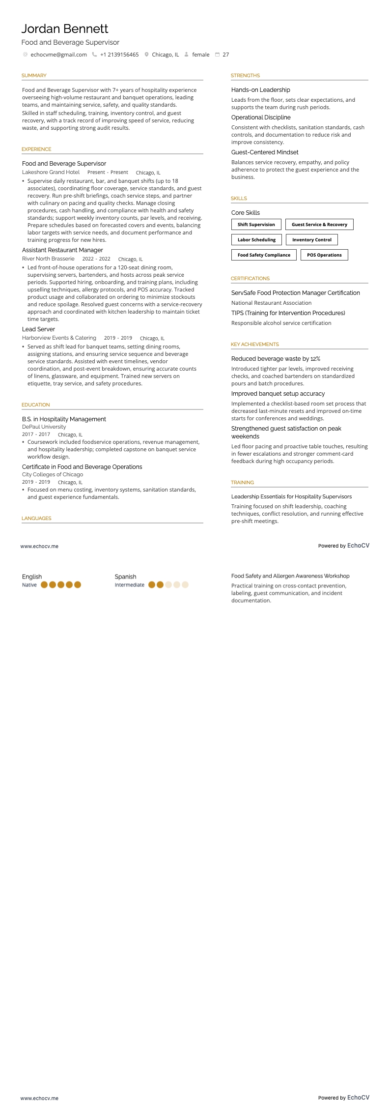 Food and Beverage Supervisor example resume