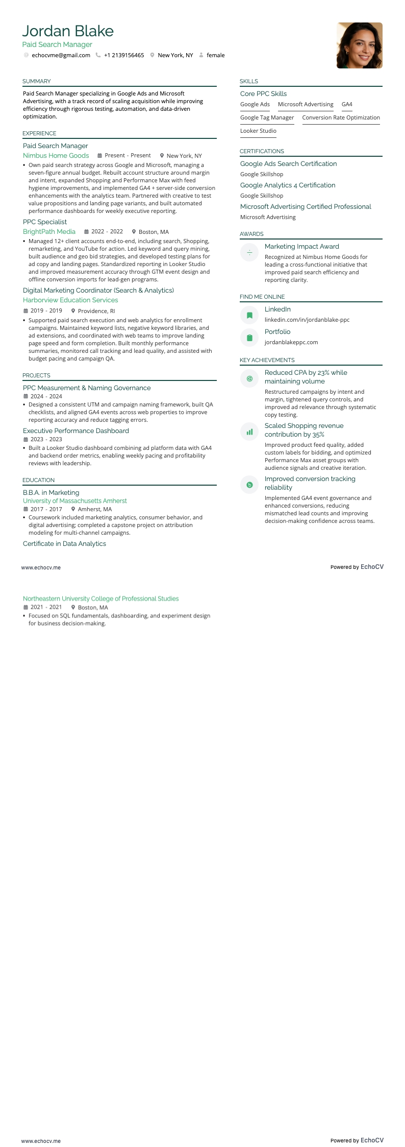 Paid Search Manager example resume