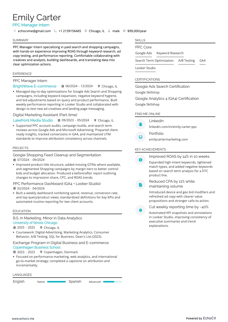 Praktikant PPC-Manager resume example