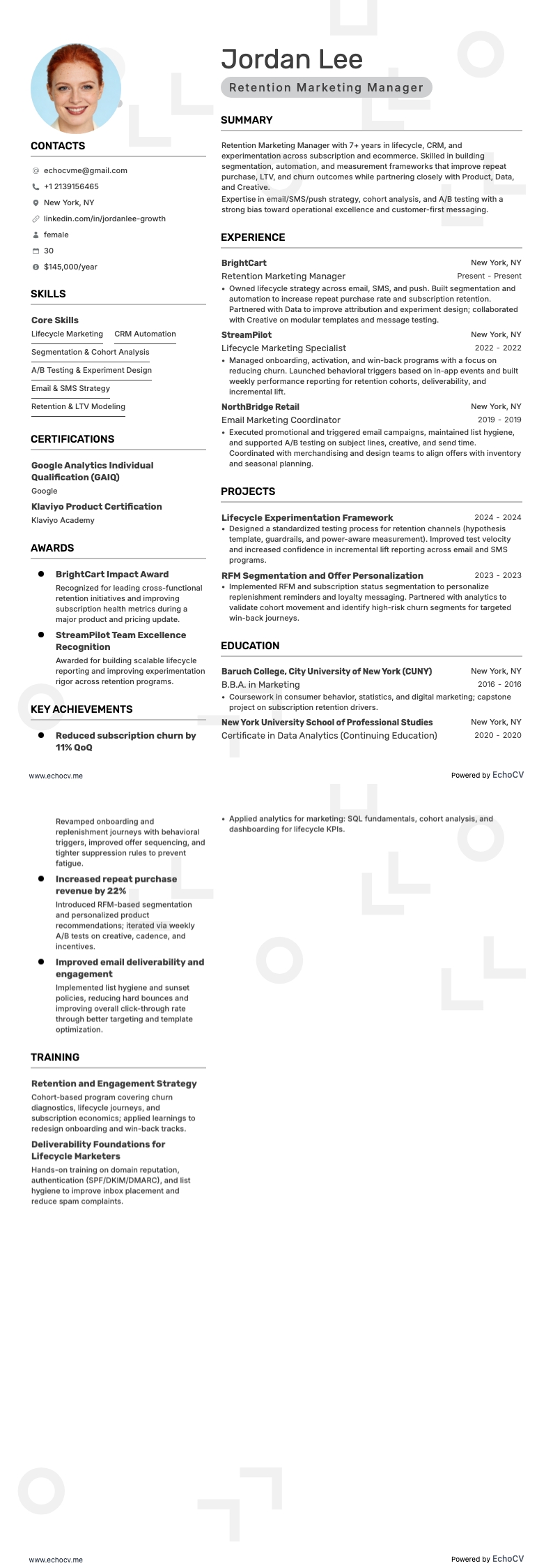 Retention Marketing Manager example resume