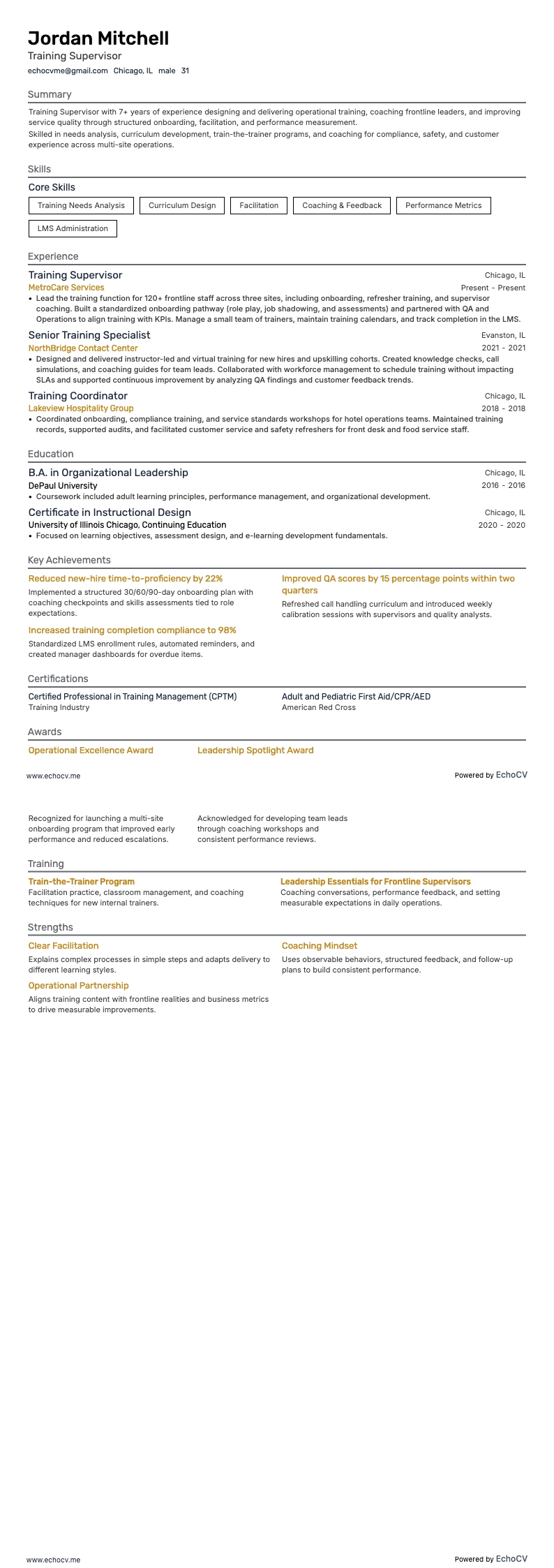 Training Supervisor example resume