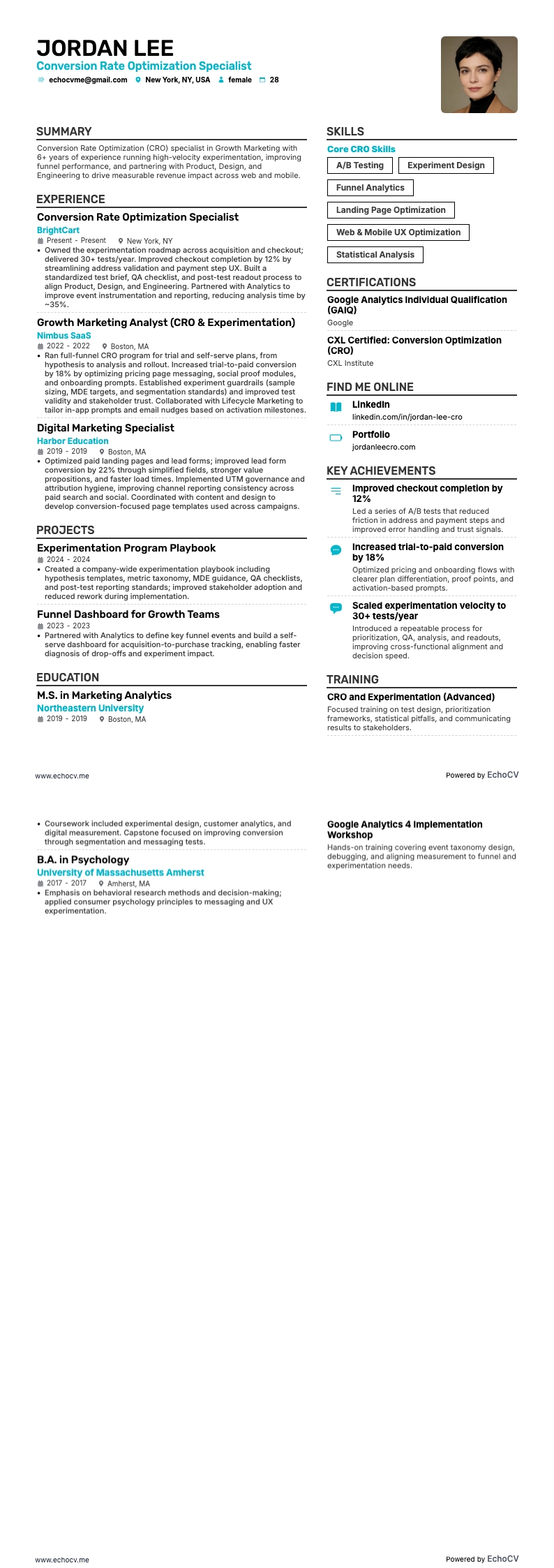 Conversion Rate Optimization Specialist example resume