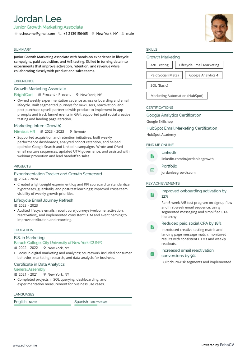Junior Growth Marketing Associate example resume