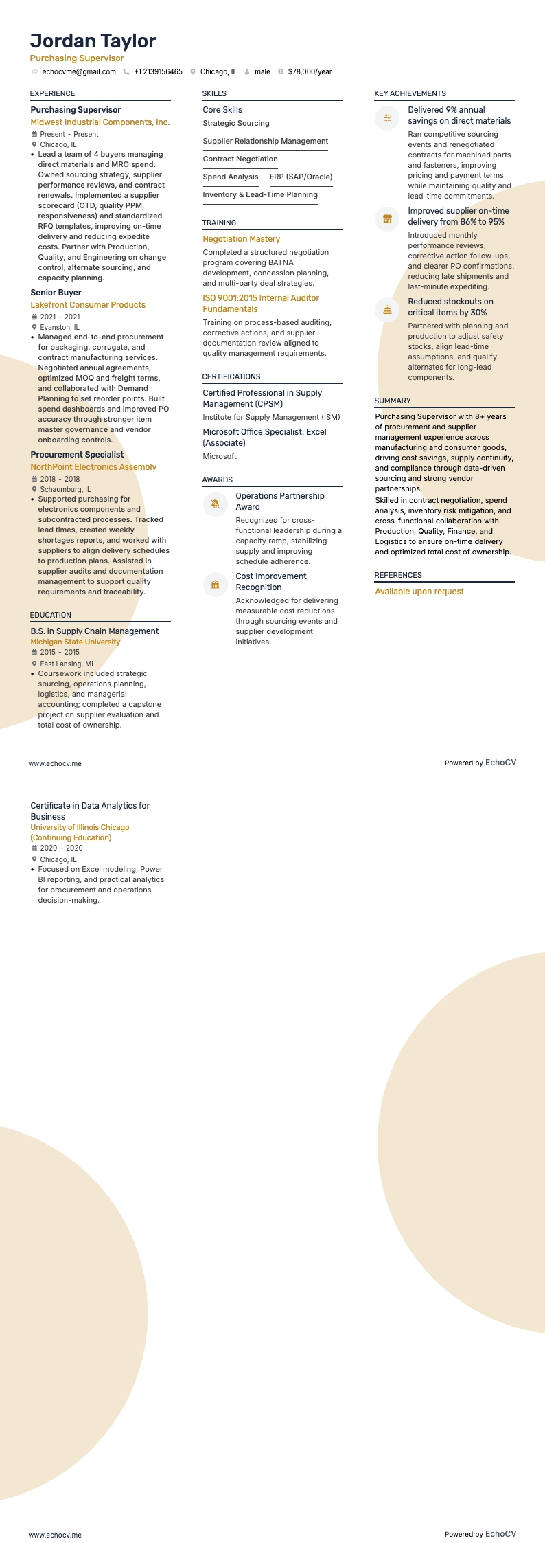 Purchasing Supervisor example resume