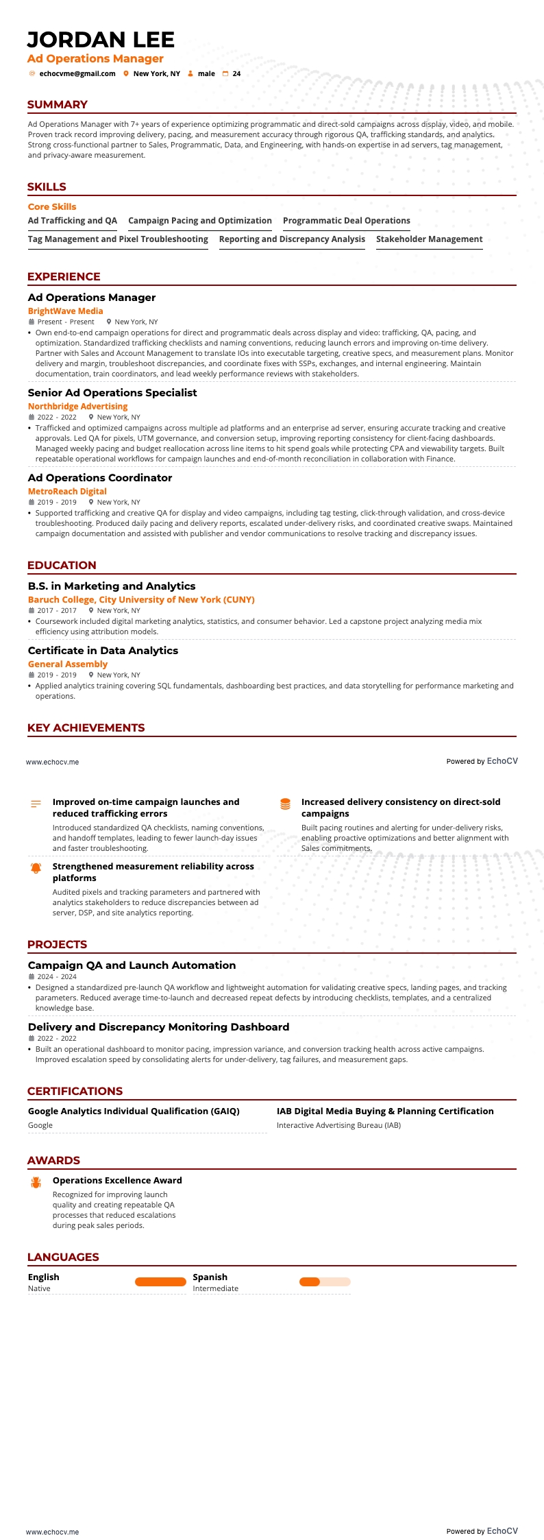 Ad Operations Manager example resume