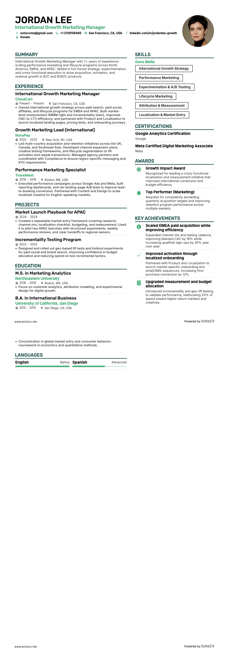 International Growth Marketing Manager example resume