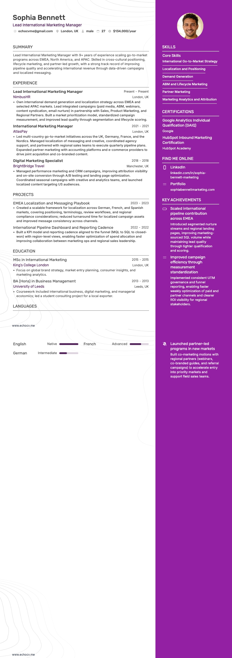 Lead International Marketing Manager example resume