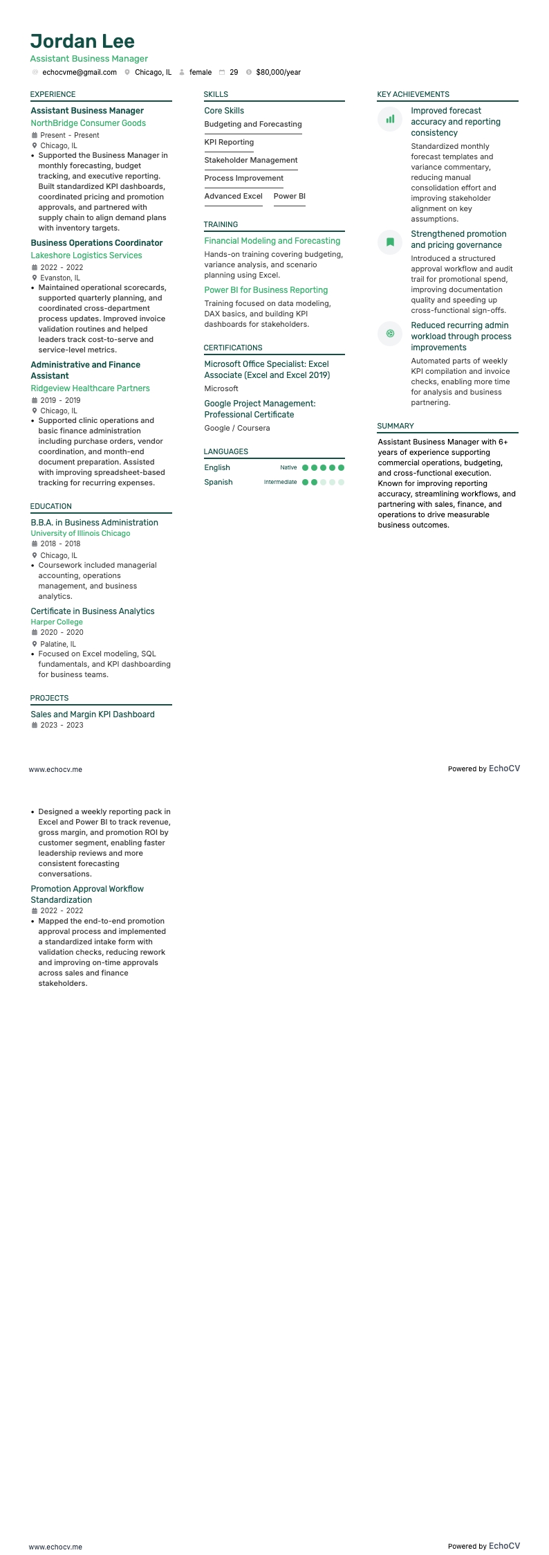 Assistant Business Manager example resume