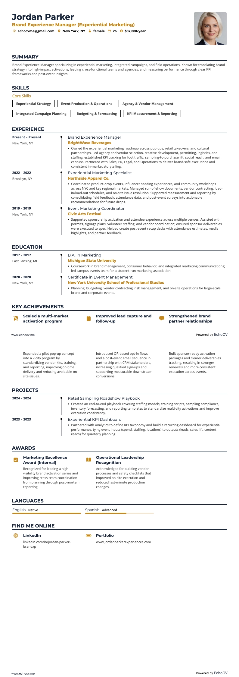 Brand Experience Manager example resume