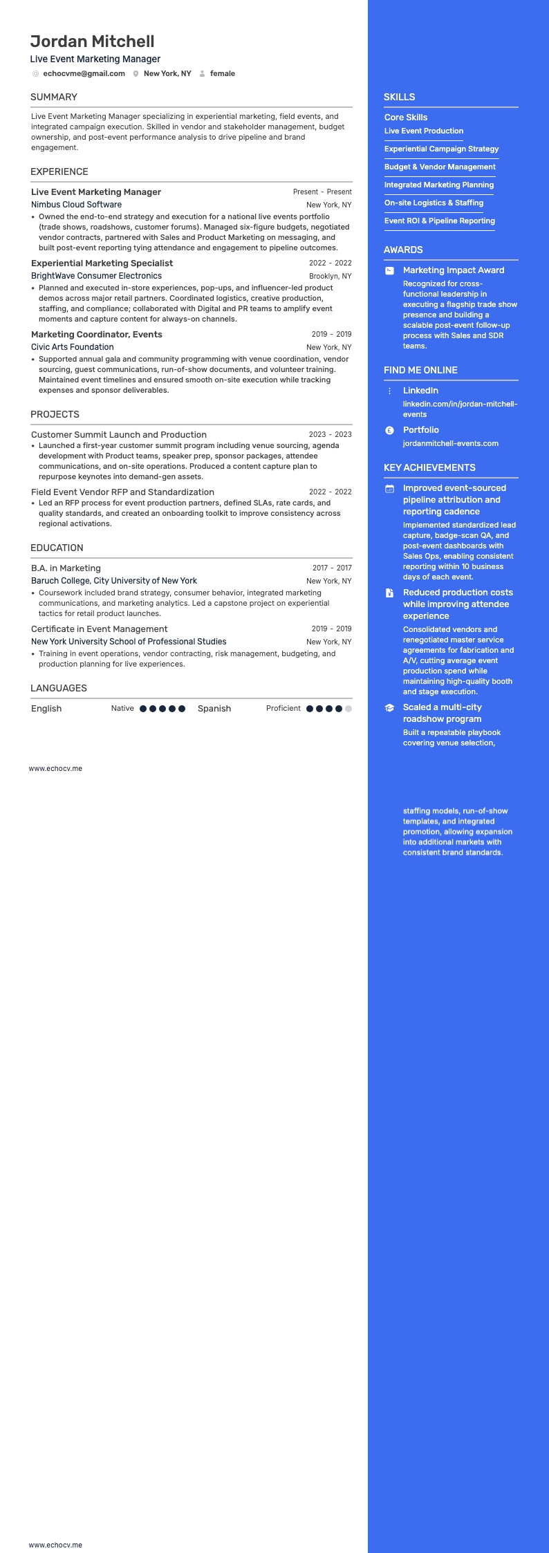 Live Event Marketing Manager example resume