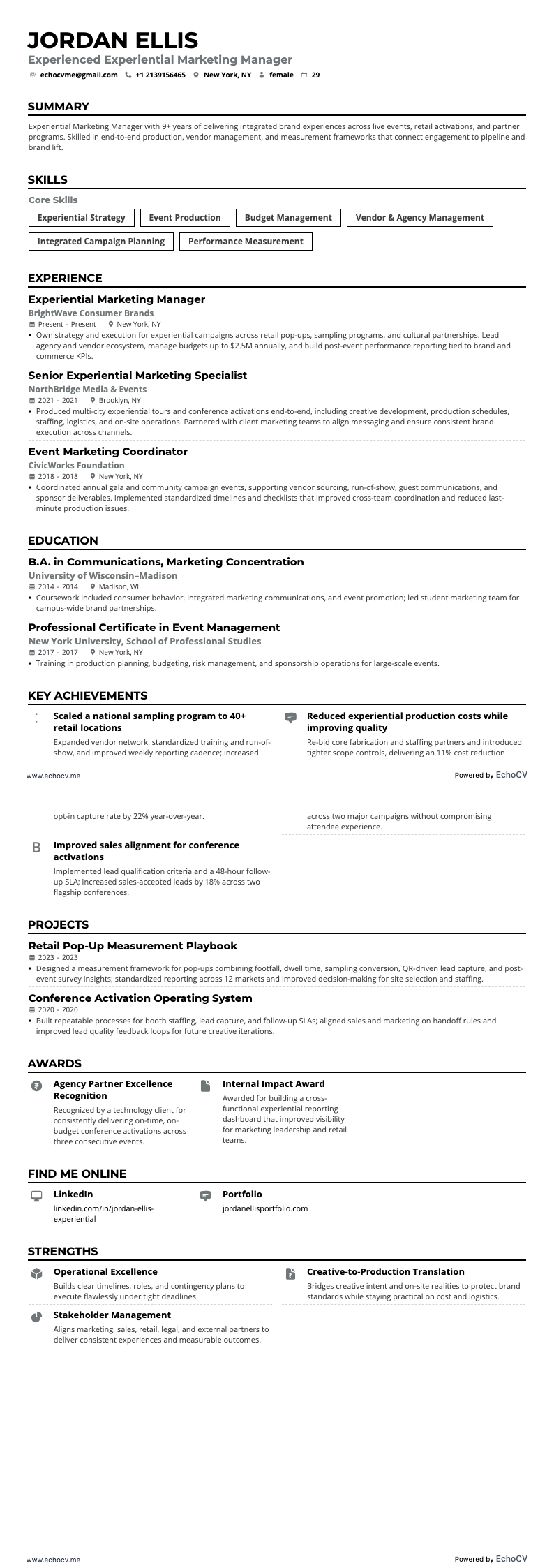 Experienced Experiential Marketing Manager example resume