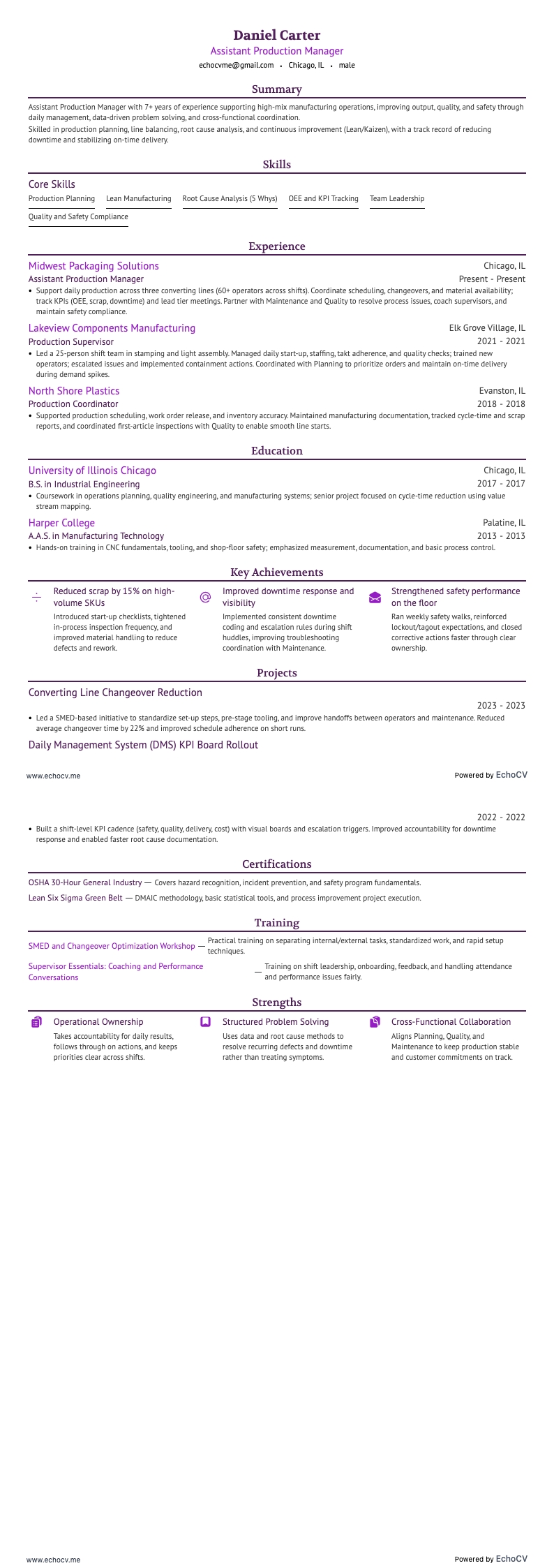 Assistant Production Manager example resume