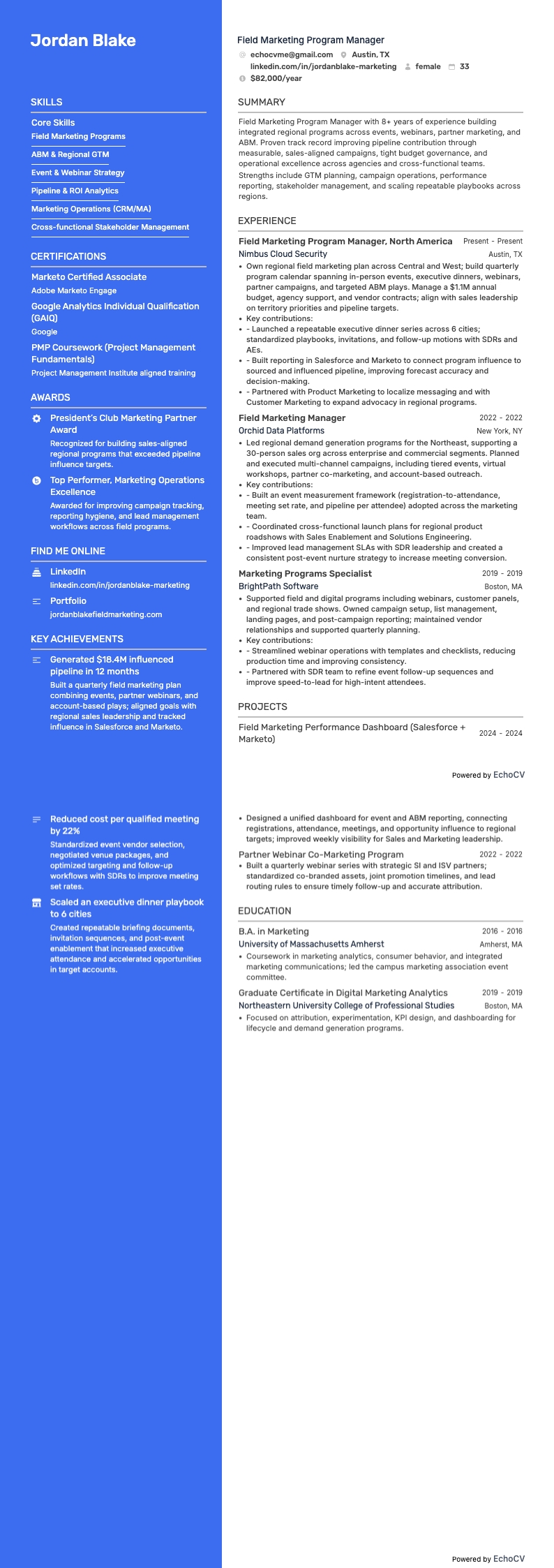 Field Marketing Program Manager example resume
