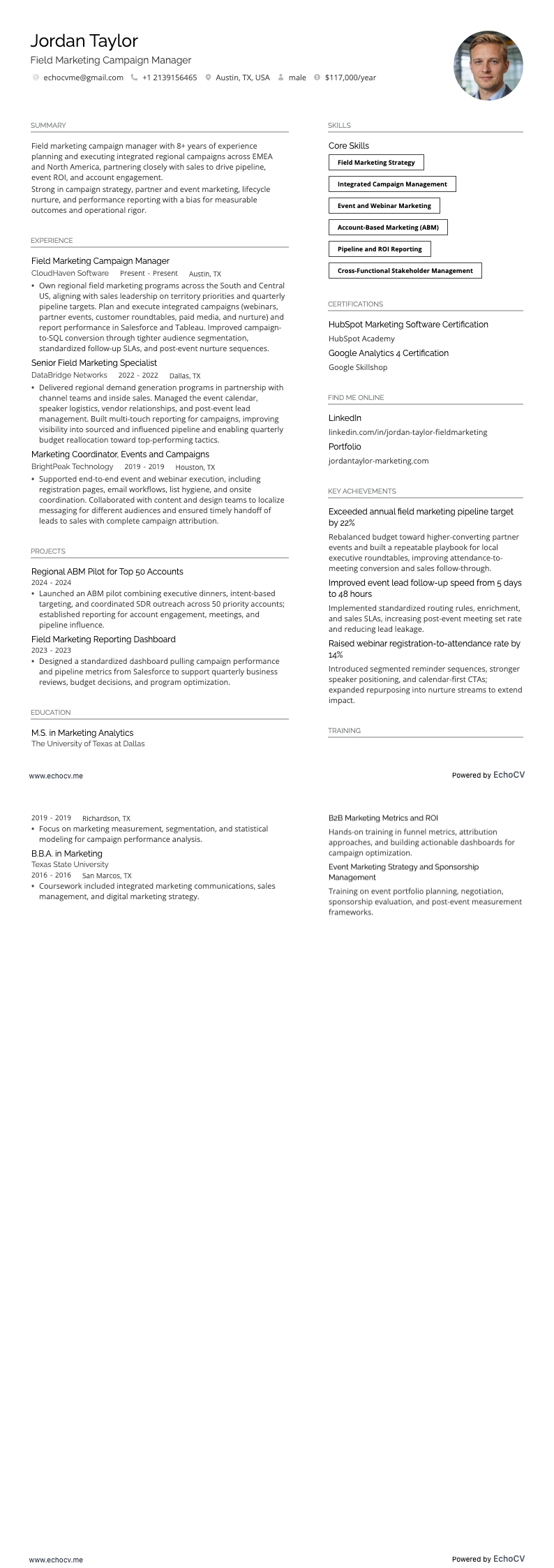 Field Marketing Campaign Manager example resume