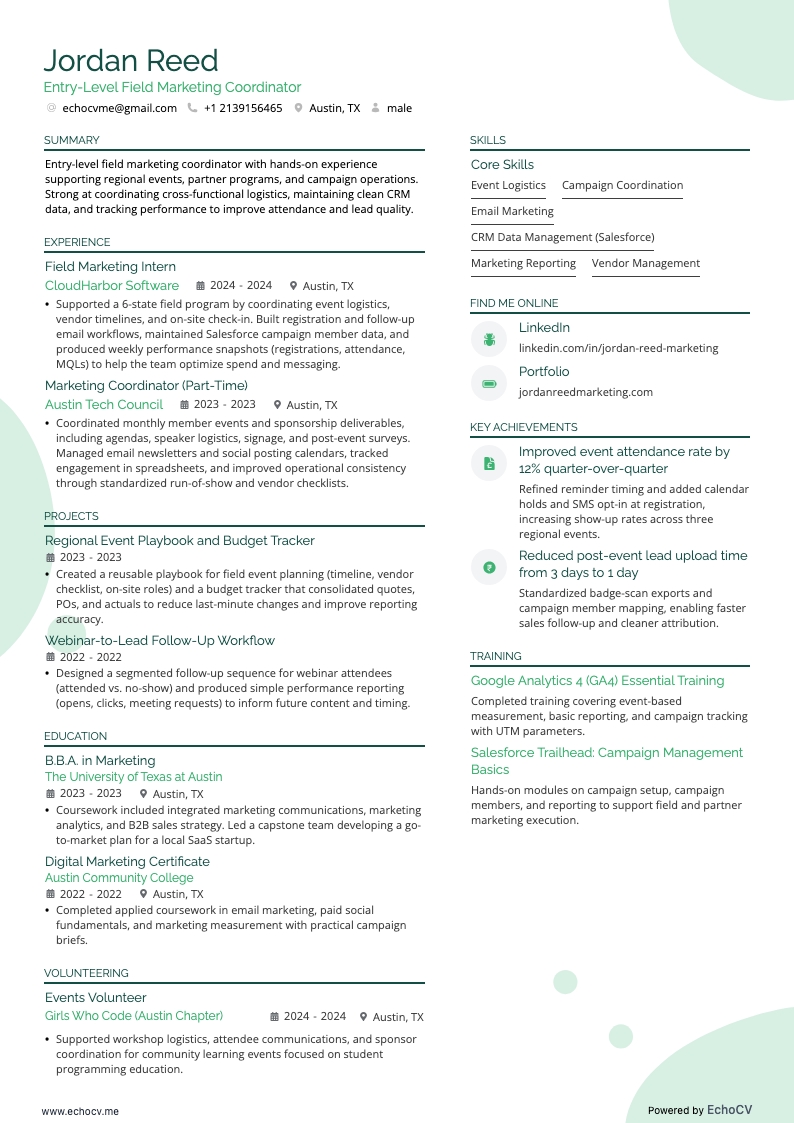 Entry-Level Field Marketing Coordinator example resume