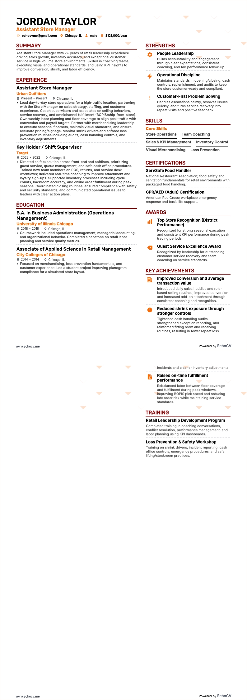 Assistant Store Manager example resume