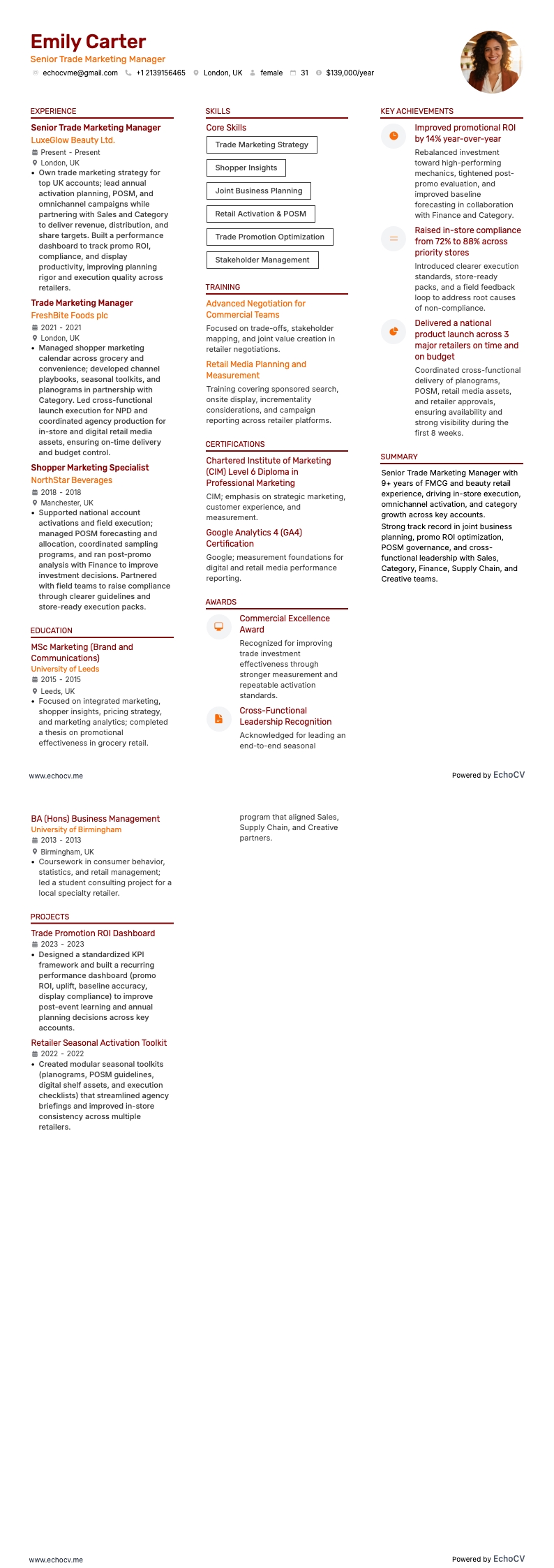 Senior trade marketing manager resume example