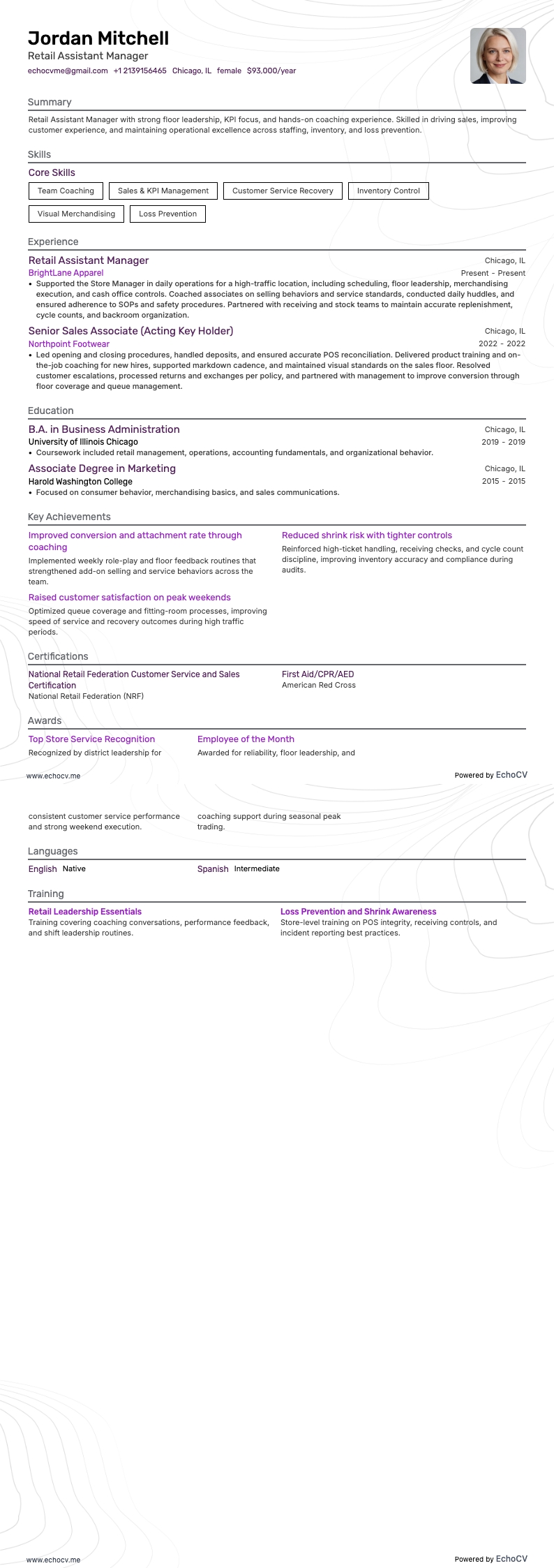 Retail Assistant Manager example resume