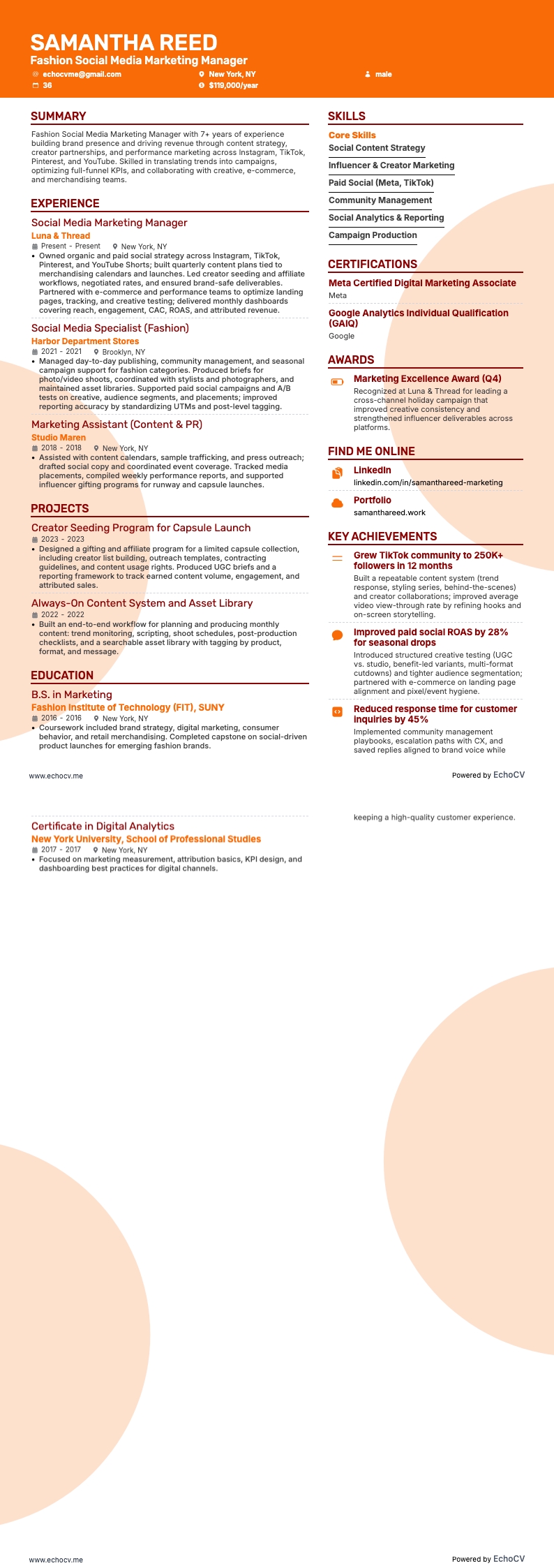 Gerente de Marketing de Mídias Sociais de Moda example resume