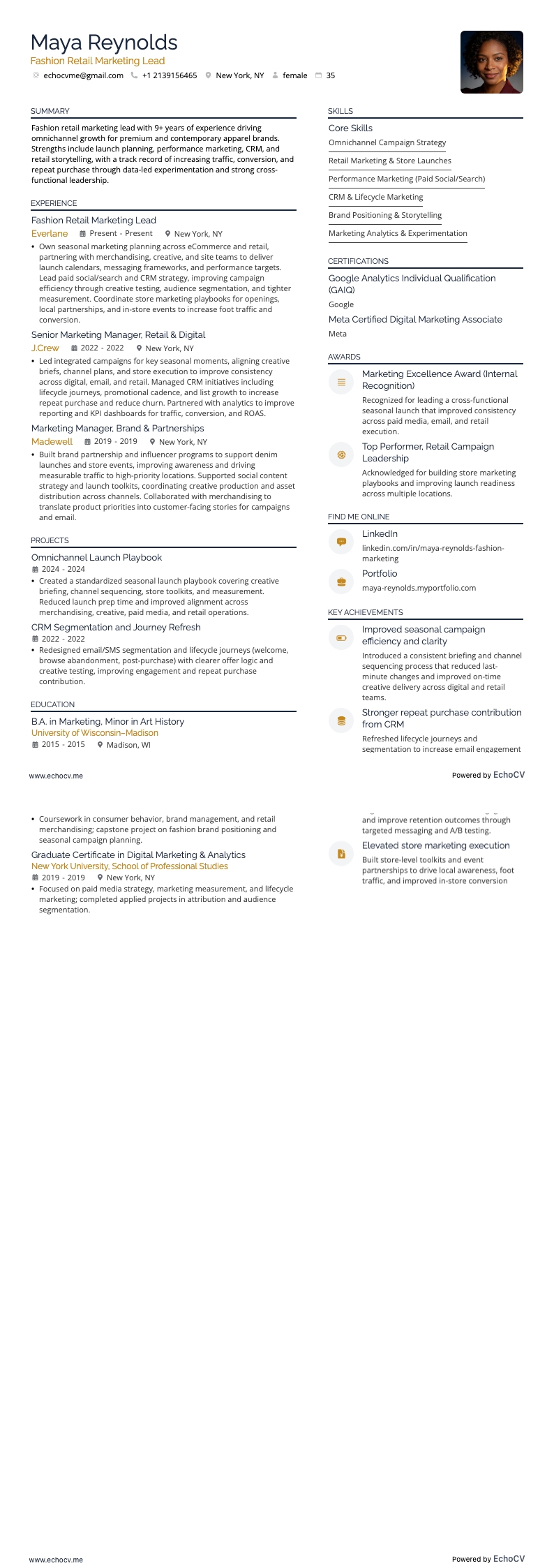 Líder de marketing de varejo de moda resume example