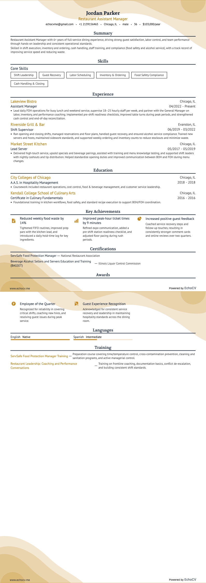 Restaurant Assistant Manager example resume