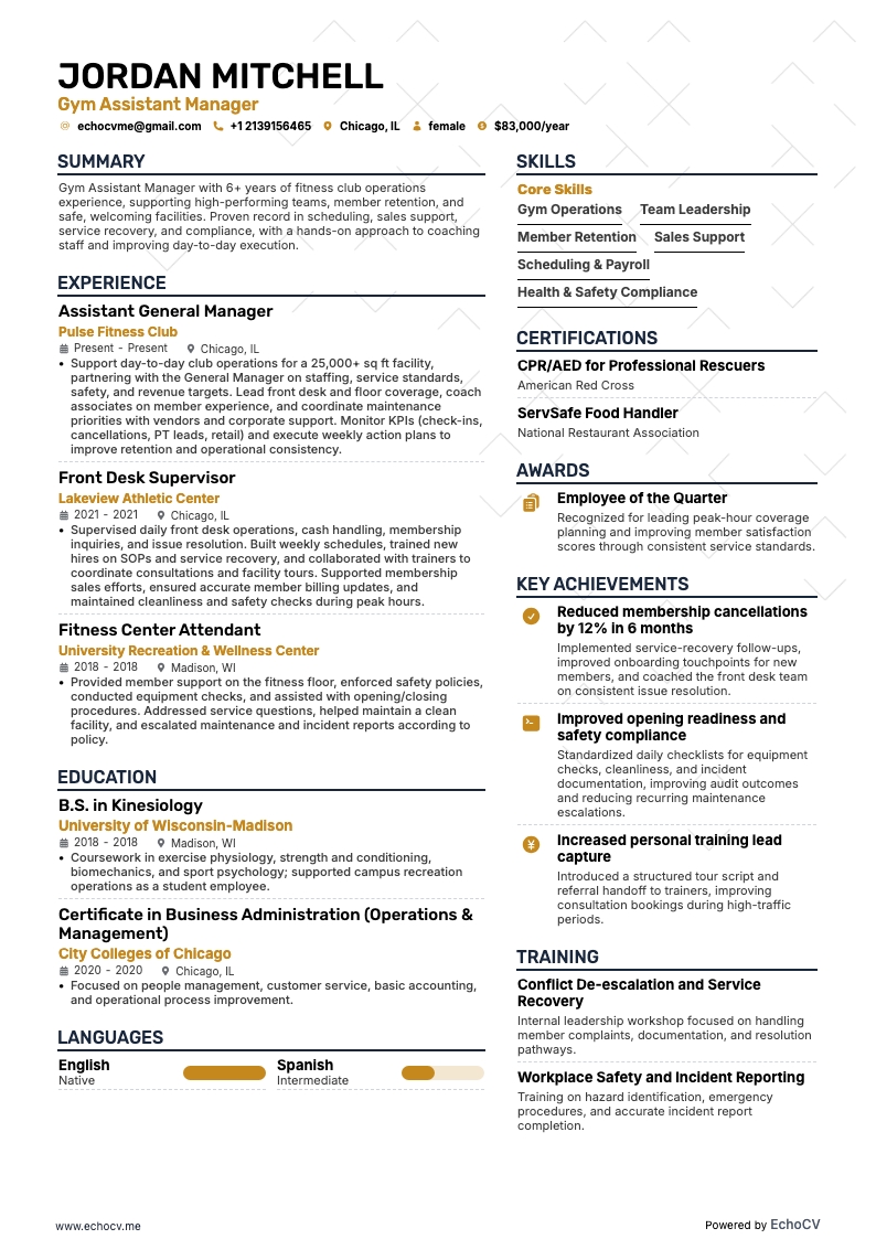 Gym Assistant Manager example resume