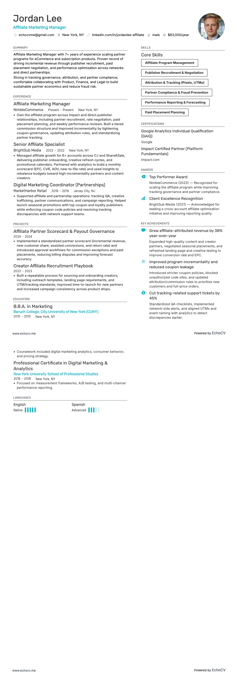 Affiliate Marketing Manager example resume