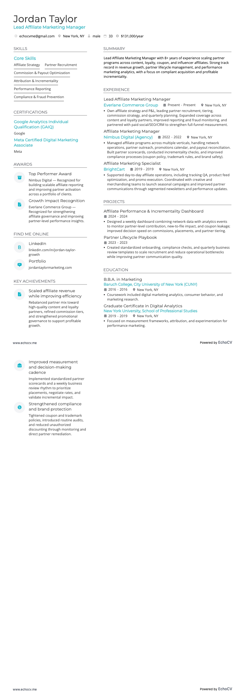 Lead Affiliate Marketing Manager example resume