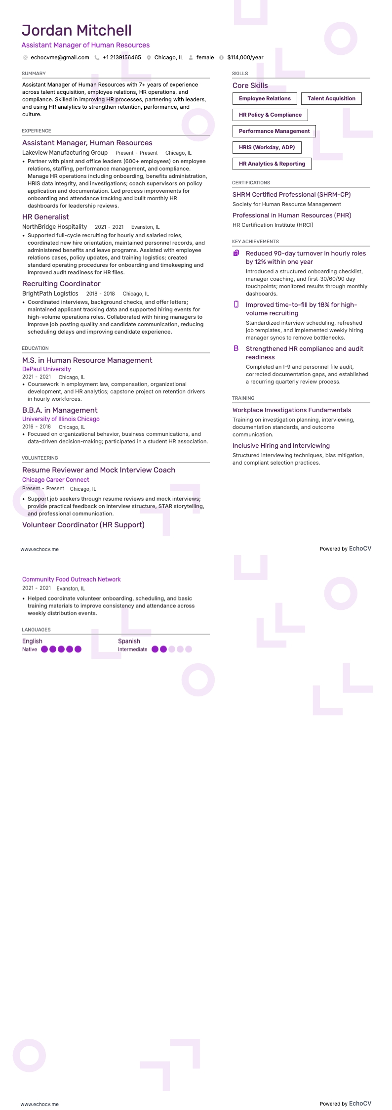 Assistant Manager of Human Resources example resume
