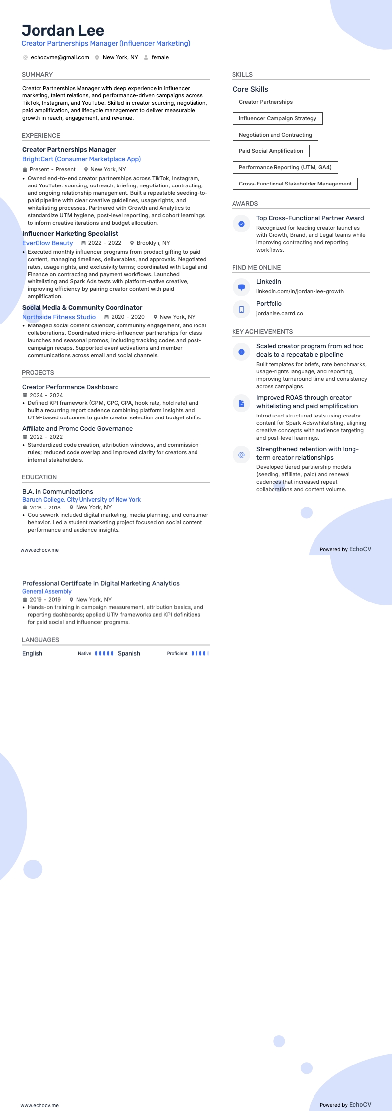 Creator Partnerships Manager example resume