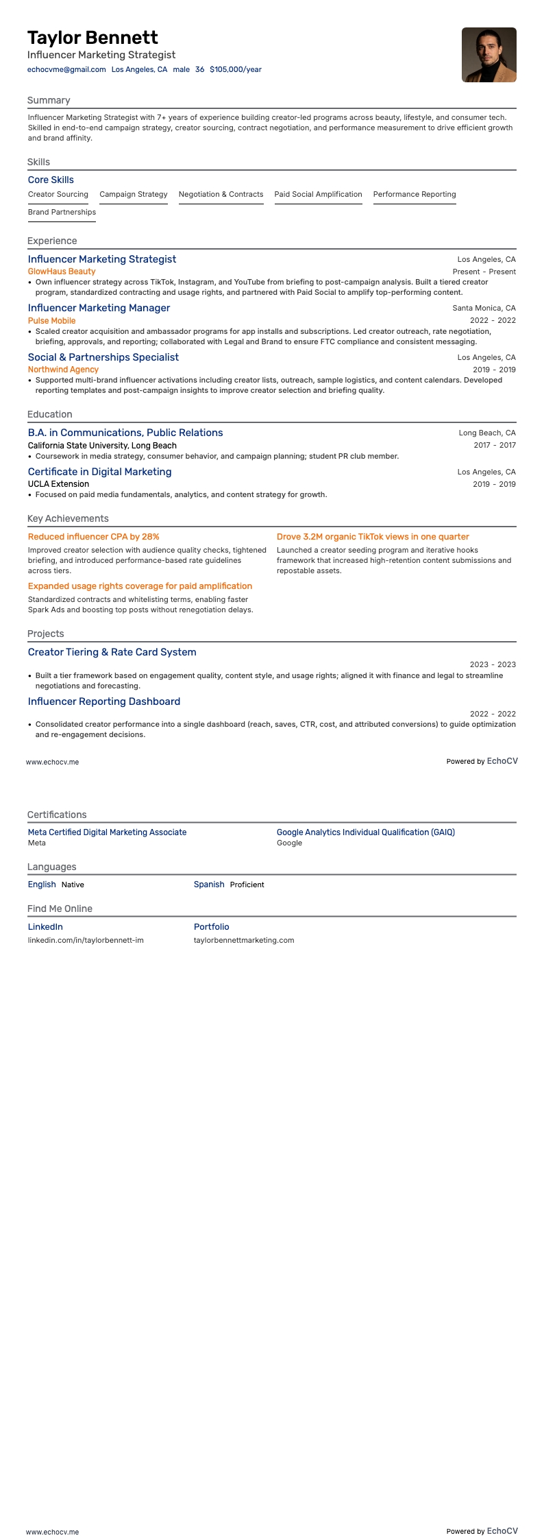 Influencer Marketing Strategist example resume