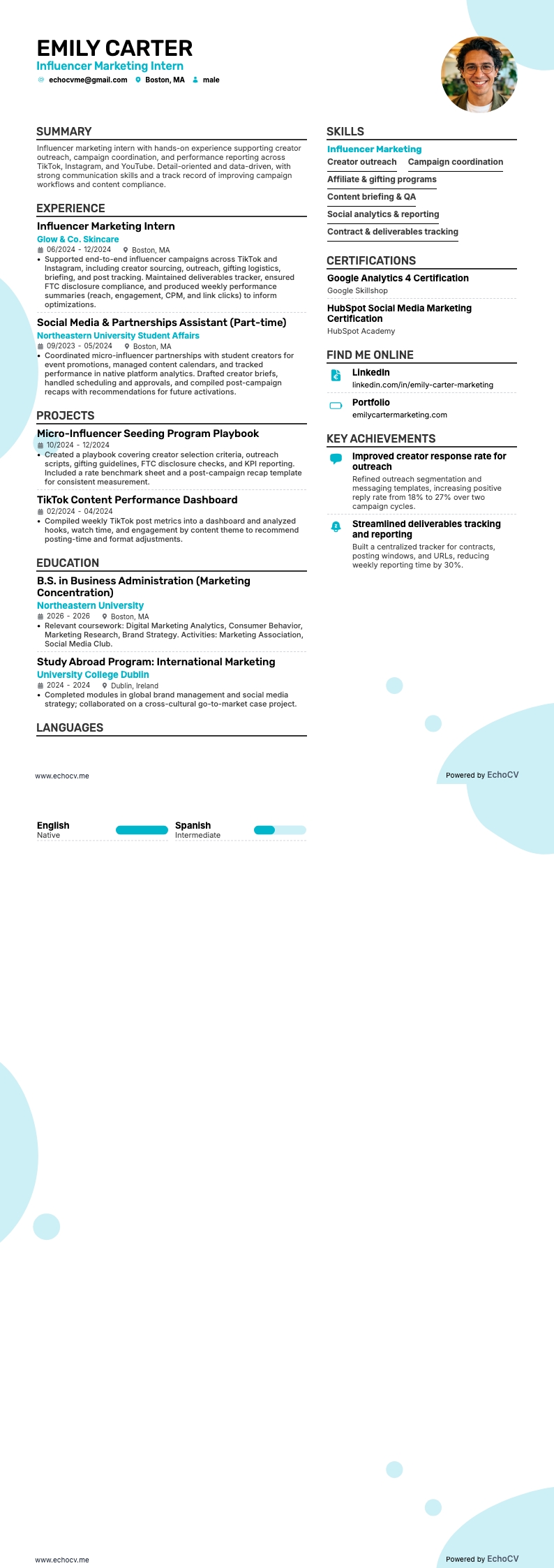 Influencer Marketing Intern example resume