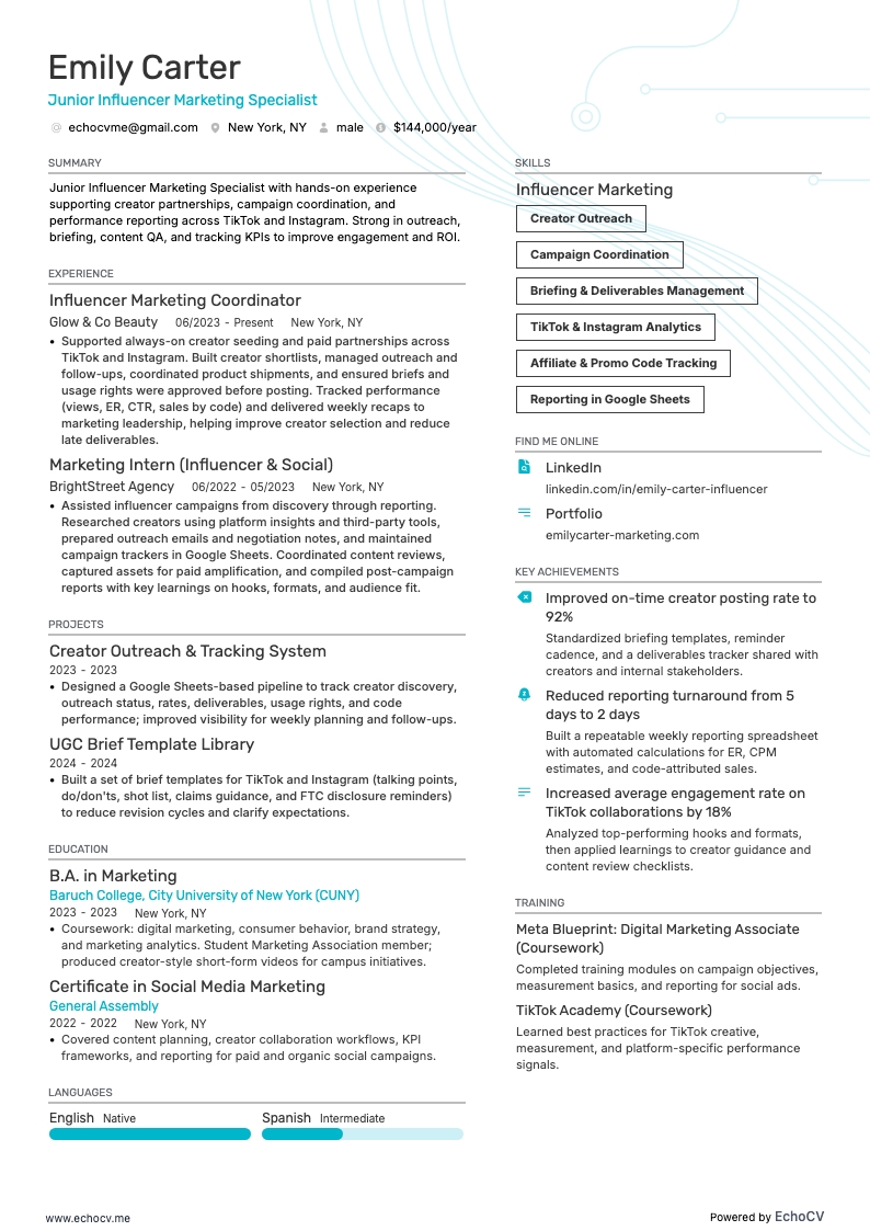 Junior Influencer Marketing Specialist example resume