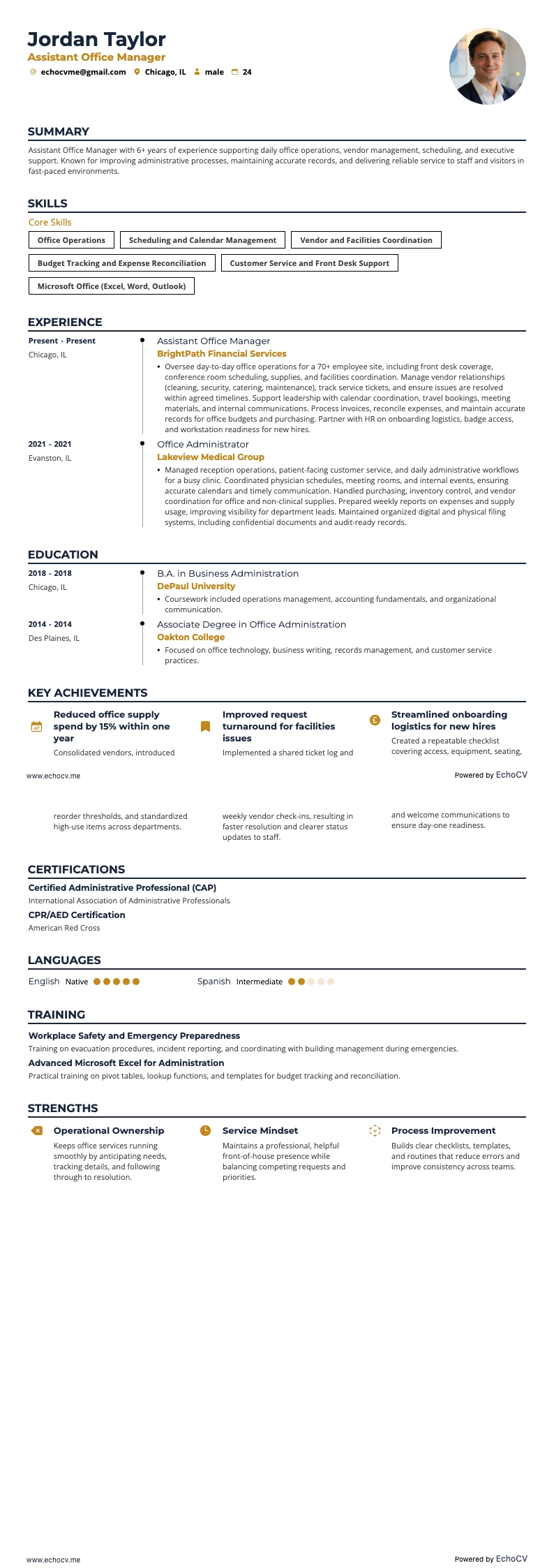 Assistant Office Manager example resume