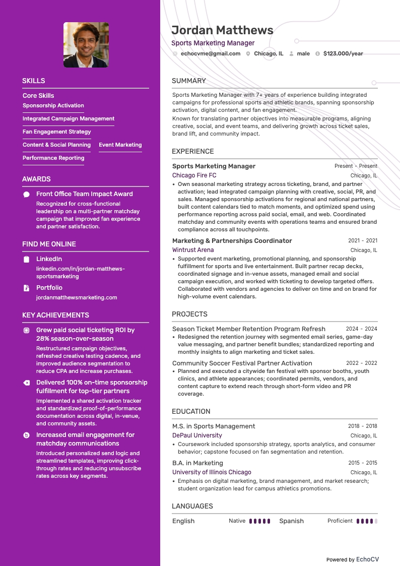 Sports Marketing Manager example resume