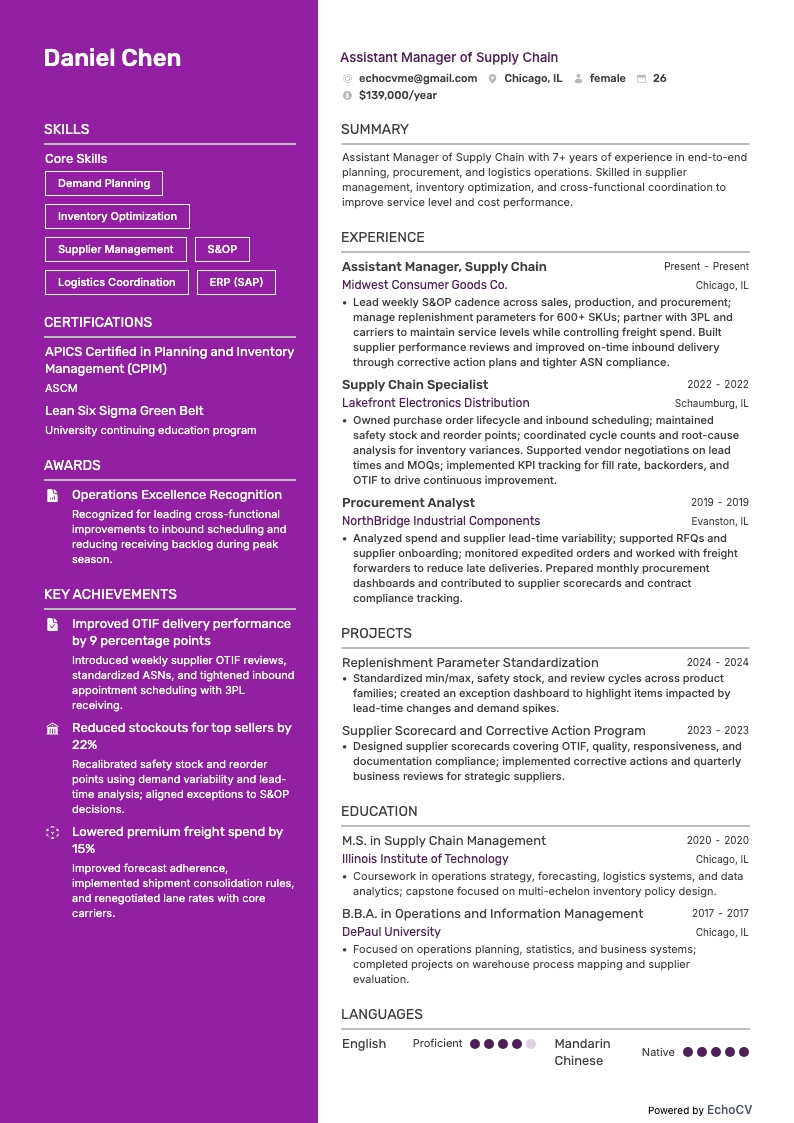 Assistant Manager of Supply Chain example resume