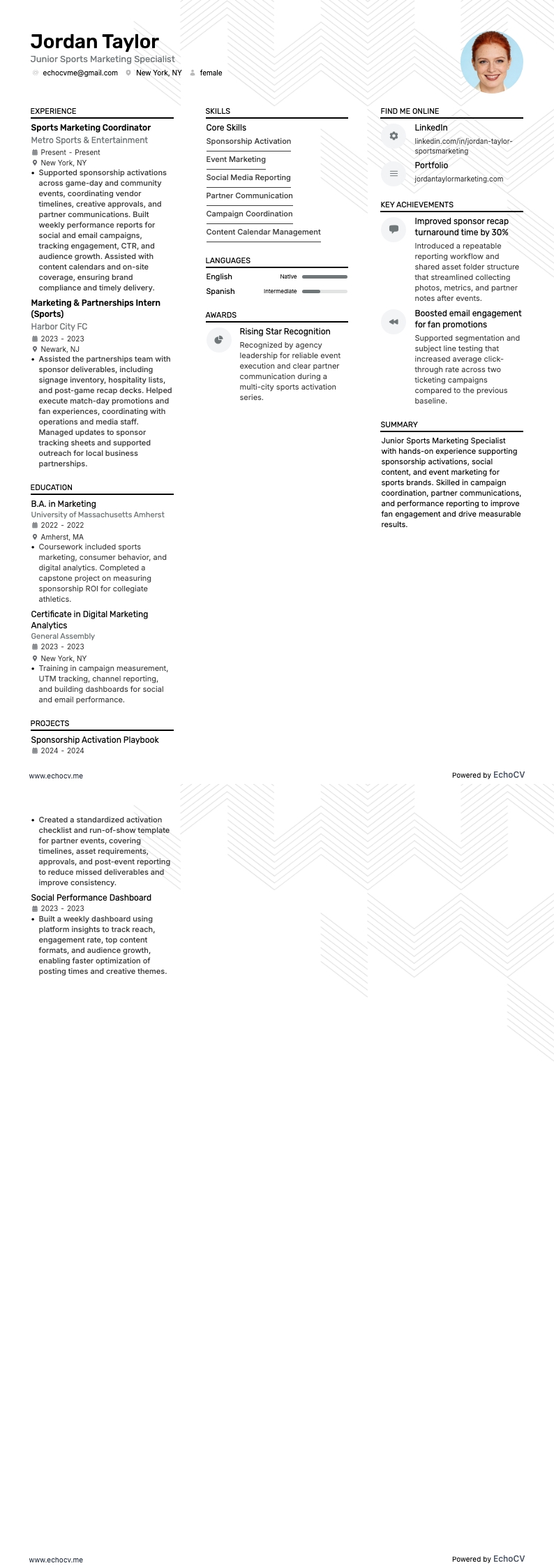 Junior Sports Marketing Specialist example resume