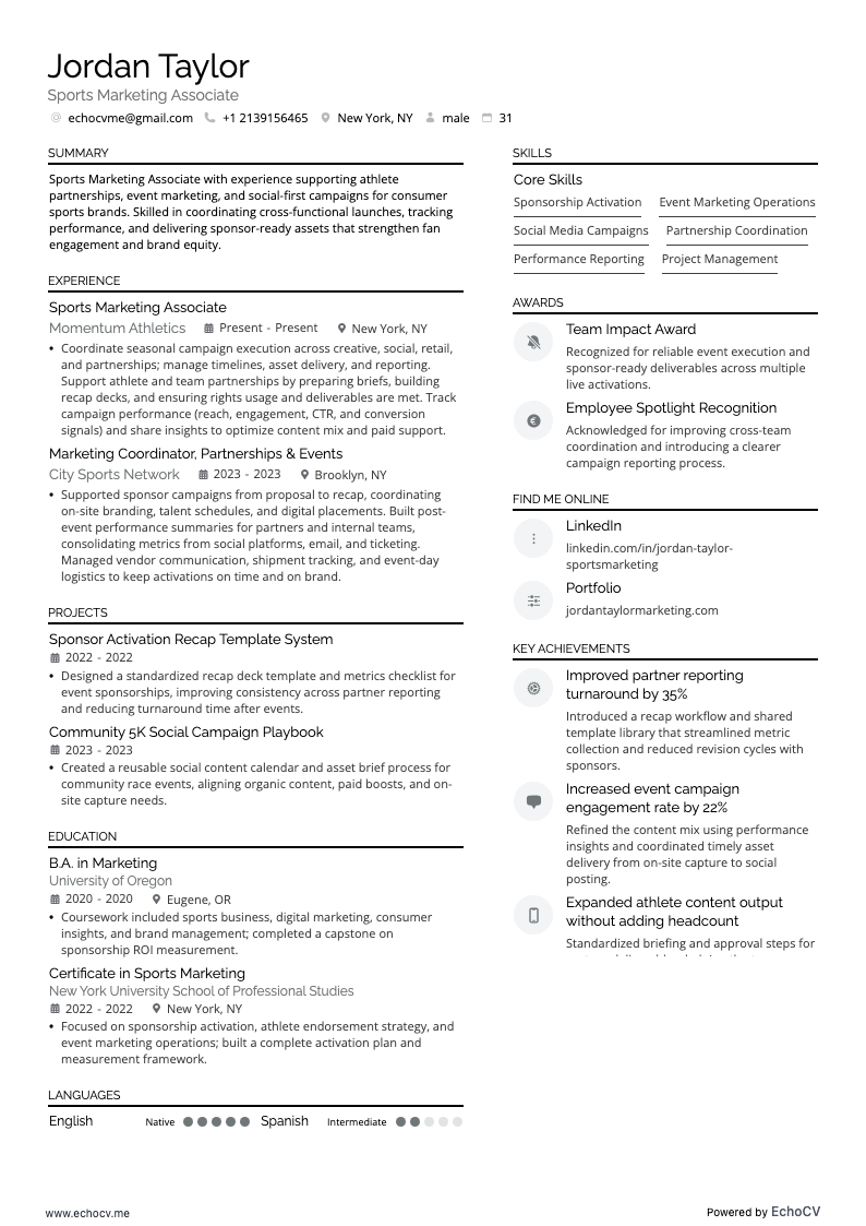 Sports Marketing Associate example resume